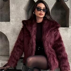Women's Faux Fur Jacket - Burgundy